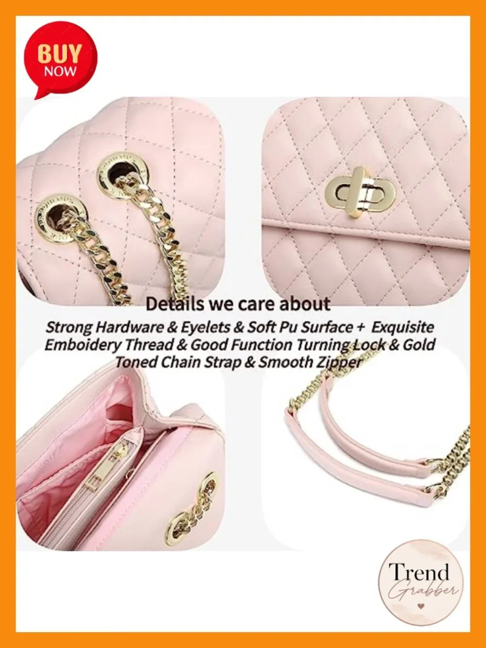 Quilted Vegan Leather Crossbody Bag with Flap Gold Hardware Chain Strap